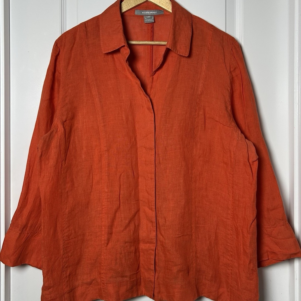 Ellen Tracy Linen Orange 3/4 Sleeve Button Up Blouse Coastal‎ Grandmother Style